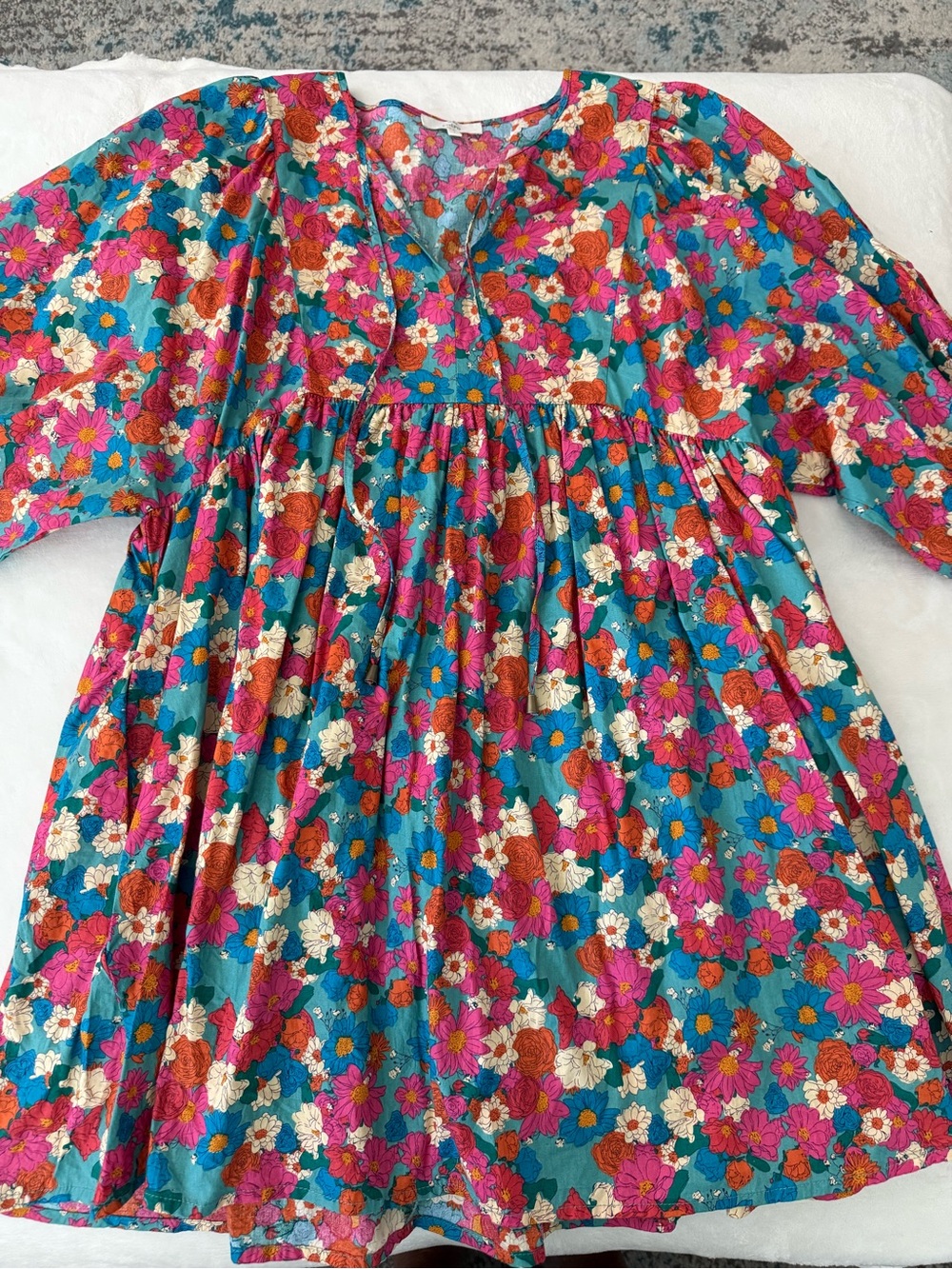 Entro Sea Green Floral Babydoll Dress Puff Sleeve Size Large Boho EC1